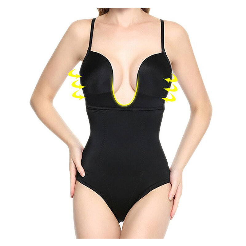 Bodysuit shapewear profundo decote em v corpo shaper sem costas u mergulho tanga shapers cintura trainer mulher cinta clara acolchoado empurrar para cima espartilho