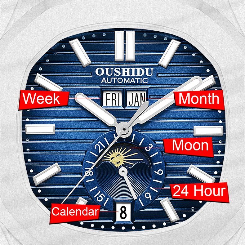 Semana do mês novo relógio automático homens top marca de luxo relógio mecânico totalmente de aço à prova d' água fase da lua luminosa relógio de pulso masculino