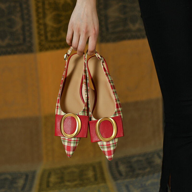 Sandalias de pata de gallo de leather22-24.5cm natural para mujer, zapatos de moda con anillo de metal de tela a cuadros, 2022