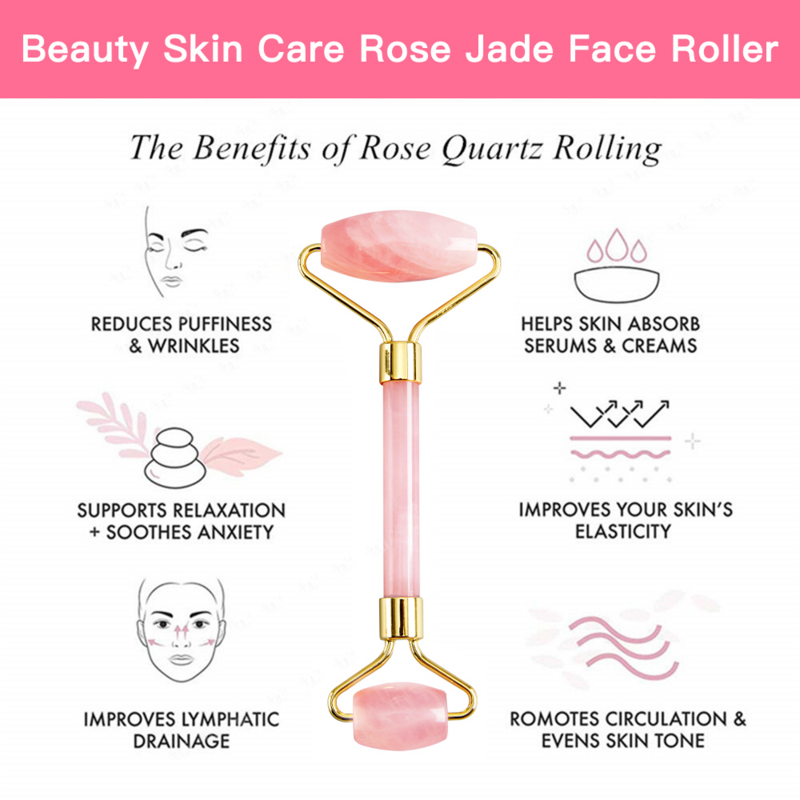 Rosa de quartzo jade rolo rosto emagrecimento massageador natural massagem facial rolo massageador para o rosto pele levantamento rugas remover ferramenta