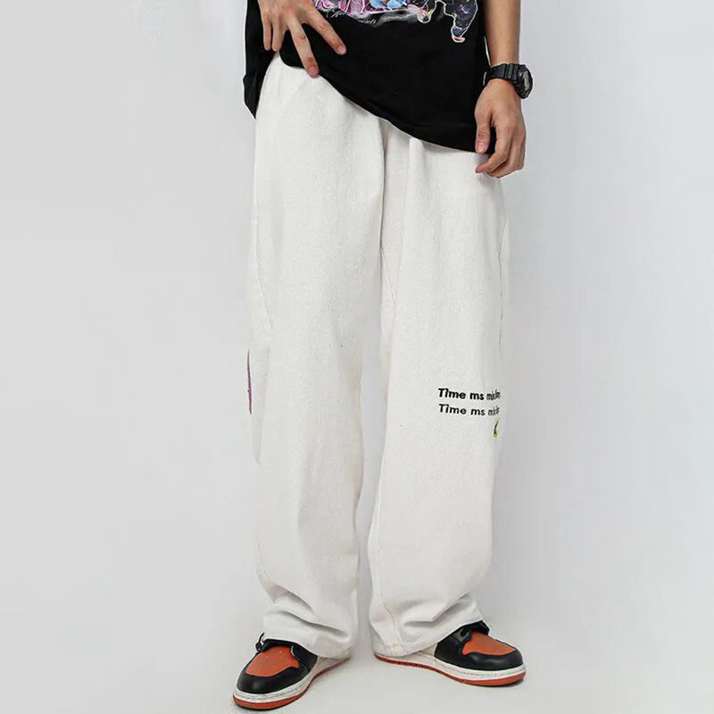 Y2k Trendy Loose Wide-leg Trousers 2023 New Men's Embroidered Letters Graffiti Jeans Street Wear Hip-hop Straight Casual Pants