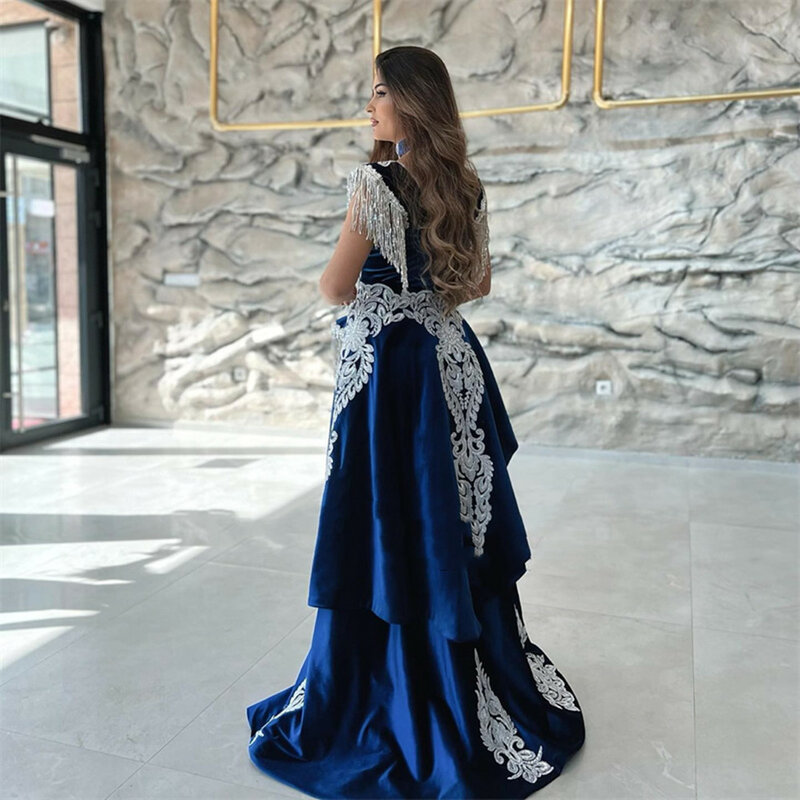 Gaun Malam Kaftan Maroko 14635 # IENA Duba Gaun Prom Arab Celah Putri Duyung Applique Beludru Biru Mewah Lengan Topi Renda