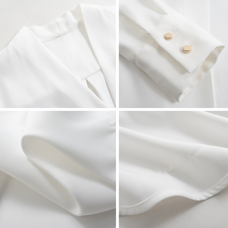 Blusa blanca De manga larga para primavera y otoño, camisa De gasa con cuello en V para Mujer, 2021