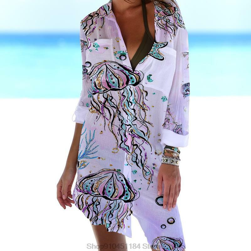 المرأة طباعة مثير العنق في الخامس كم طويل فضفاض البوهيمي فستان شاطئ فساتين الحفلات رداء الصيف لطيف الشمس قميص