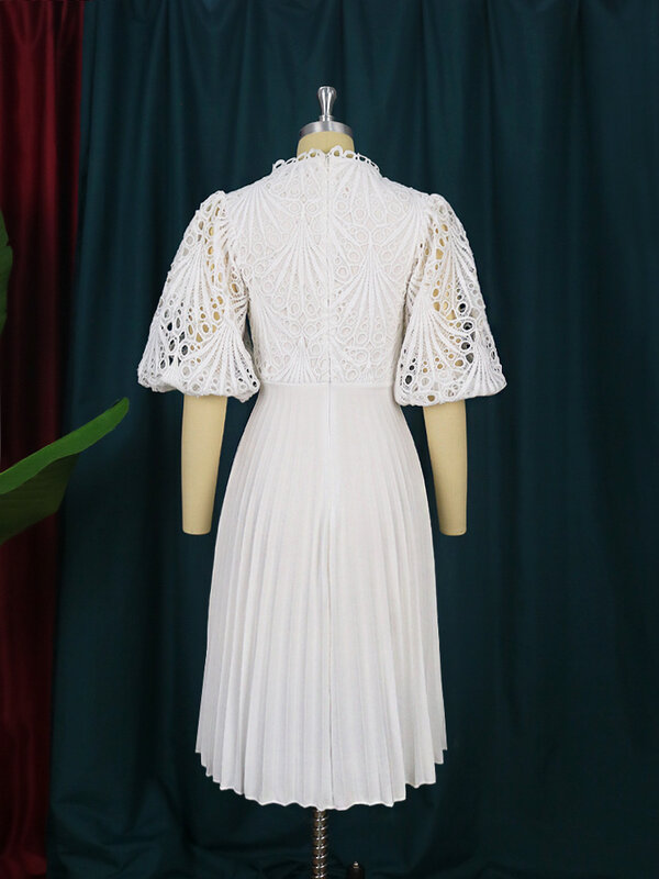 Elegant Lace Patchwork พลัสขนาด Hollow Out พัฟแขนเอวสูงจีบชุดสีขาว Office Lady ชุดราตรี Gowns