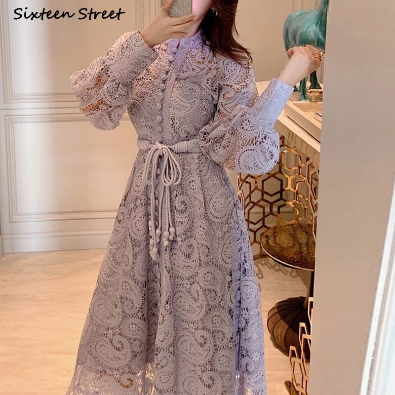 New Spring Vintage Dress Woman Purple Lace Single-breasted High Waist Dresses Woman Vestido Long Puff Sleeve Elegant Party Dress