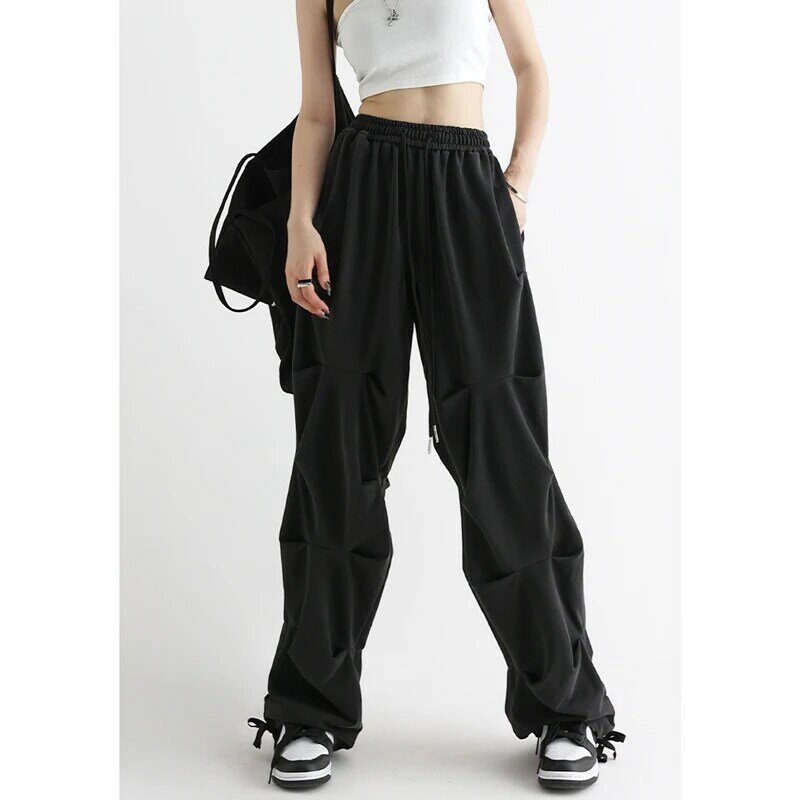 Pantalon droit Vintage pour femmes, salopette à plis noirs, Style Hip Hop, mode, cordon de serrage, taille élastique, automne