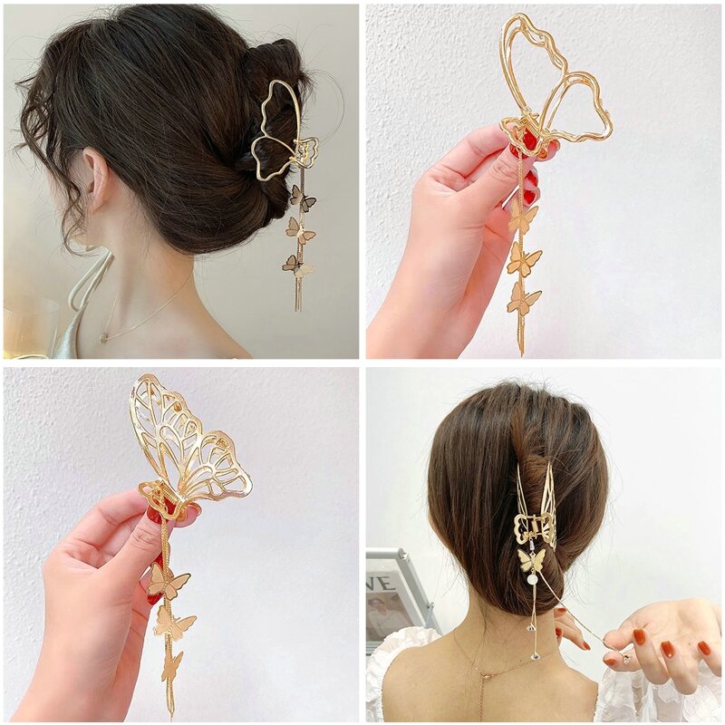 Hollow Out Butterfly Metal Hair Claw Pearl Tassel Hairpins For Women Girl Vintage Geometric Hair Clip Jewelry Hair Accessories
