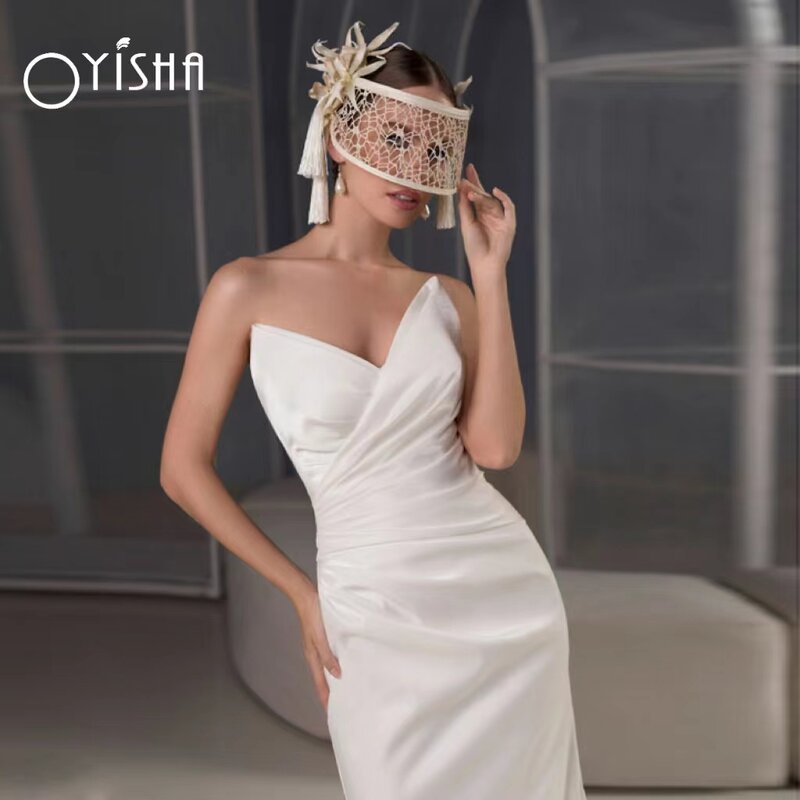 OYISHA-Robes de mariée sirène plissées modernes pour femmes, satin sexy et élégant, sans bretelles, fermeture éclair au dos, patients, robe de mariée, 2023