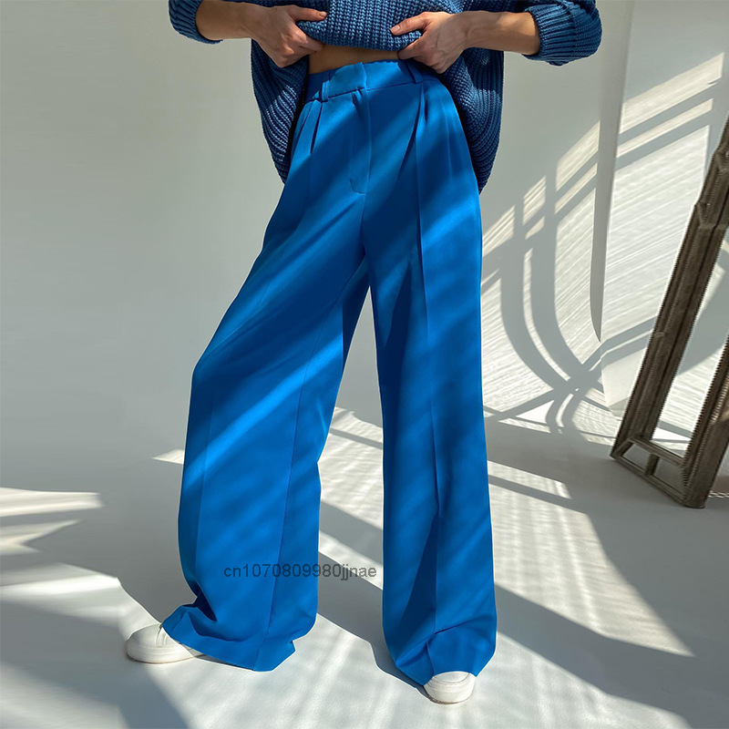 Celana Setelan Kaki Lebar Pinggang Tinggi Kasual Celana Wanita Warna Solid Ramping Mode Musim Semi dan Musim Panas Celana Kantor Wanita Panjang Lantai Baru