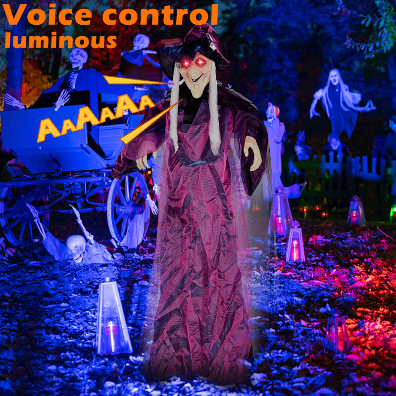 Colgante de fantasma de inducción para Halloween, juguetes de bruja de terror, Control de voz, barra de ojos LED de miedo, decoración de jardín y hogar, 1/2 Uds.