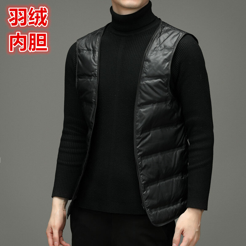Haining-남성 겨울 가죽 다운 재킷, 중간 길이 후드 분리형 깃털 라이너 따뜻한 레저 가죽 코트