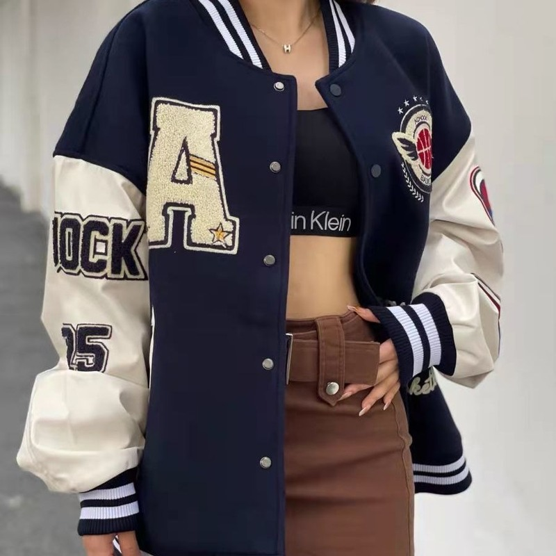 American Retro Letter Embroidery Flocking Y2K Street Hip-hop Baseball Uniform Jacket Female 2022 New College Style Couple Outfit