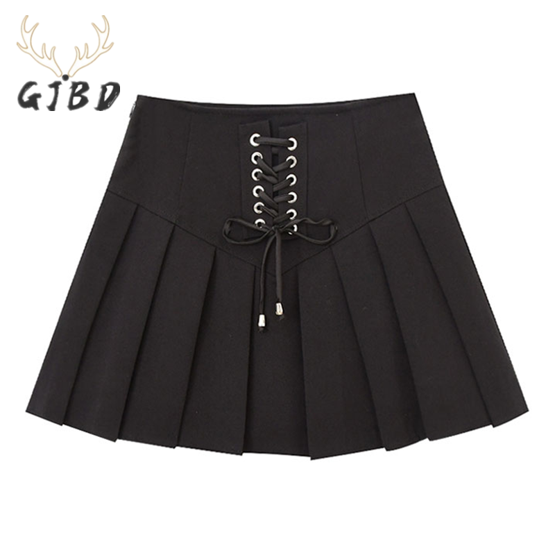 Damska czarna spódnica pół ciała sznurowanie wysokiej talii dorywczo koreański moda Baggy Vintage linia plisowana, krótka spódniczka damska lato
