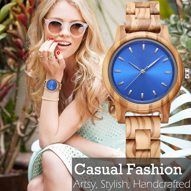 Wooden Couple Watches Wood Strap Blue Face Quartz Wristwatches Olive Wood Wrist Watches Men for Women Anniversary Custom Gifts