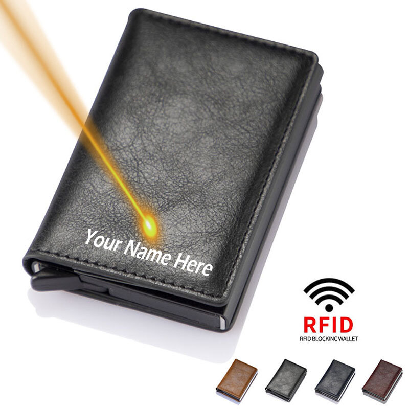 Grawerowanie nazwa własna ID etui na karty kredytowe portfele mężczyźni marka Rfid blokowanie magia skóra cienki portfel Mini mała portmonetka torebka