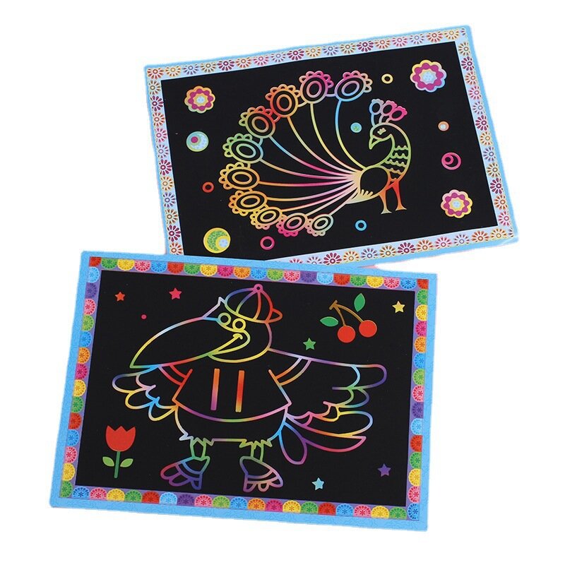 10Pcs Scratch Art Paper Magic Painting Paper with Drawing Stick Drawing Toys Kids Learning Educational Toys for Children Gifts