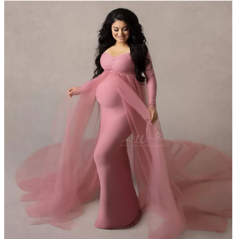 Maternity Tulle Long Dresses Baby Shower Cotton Maxi Gown Dress Stretchy Pregnancy Photography Dress with Cape Long Train