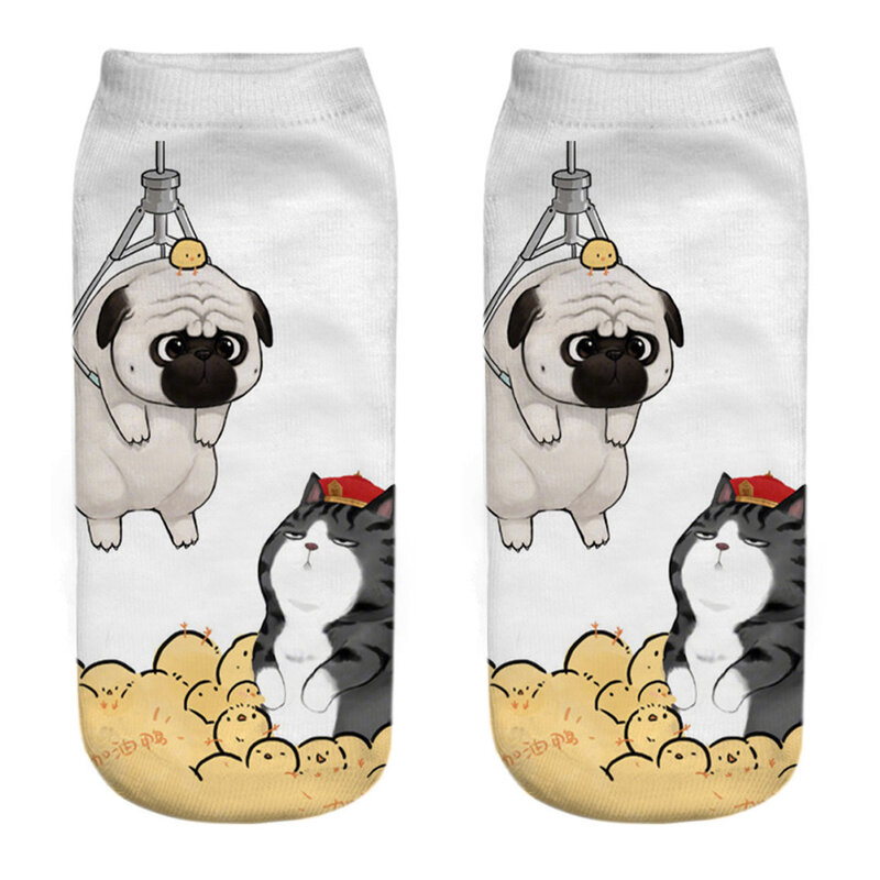 Calcetines tobilleros con estampado de gato y perro en 3D para mujer, calcetín Kawaii de algodón, divertidos y creativos