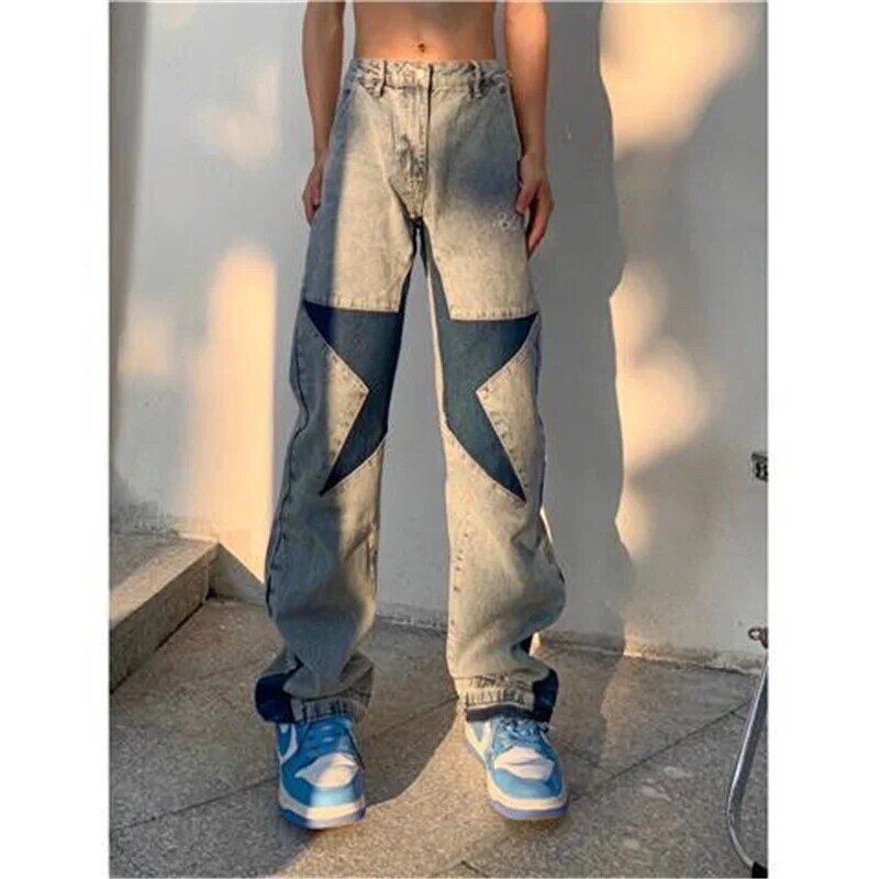 Nova perna larga moda trabalho jeans em linha reta mid rise men jean perna larga cor sólida hip hop calças de brim streetwear calças femininas