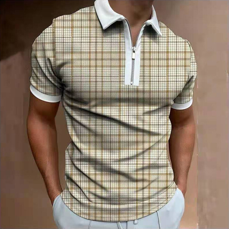 Nova camisa polo masculina xadrez verão casual moda manga curta anti-encolhimento polos turn-down colarinho zíper design argyle topos