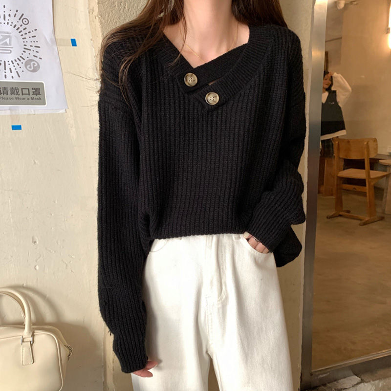 Fashion Trend All-match Autumn and Winter New Loose and Simple Lazy Style Pure Color Button Casual Knit Sweater Sweater