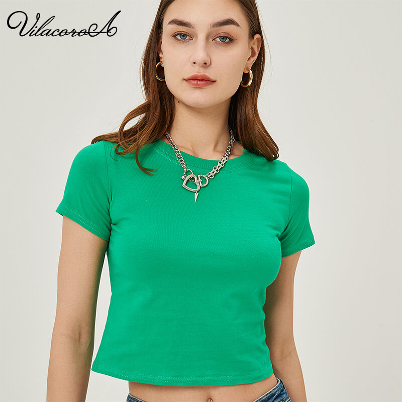 Vilacoroa Crop Top 95% cotone t-shirt Top donna Casual vestiti verdi estate manica corta Baisc Tshirt Slim vita alta Tee