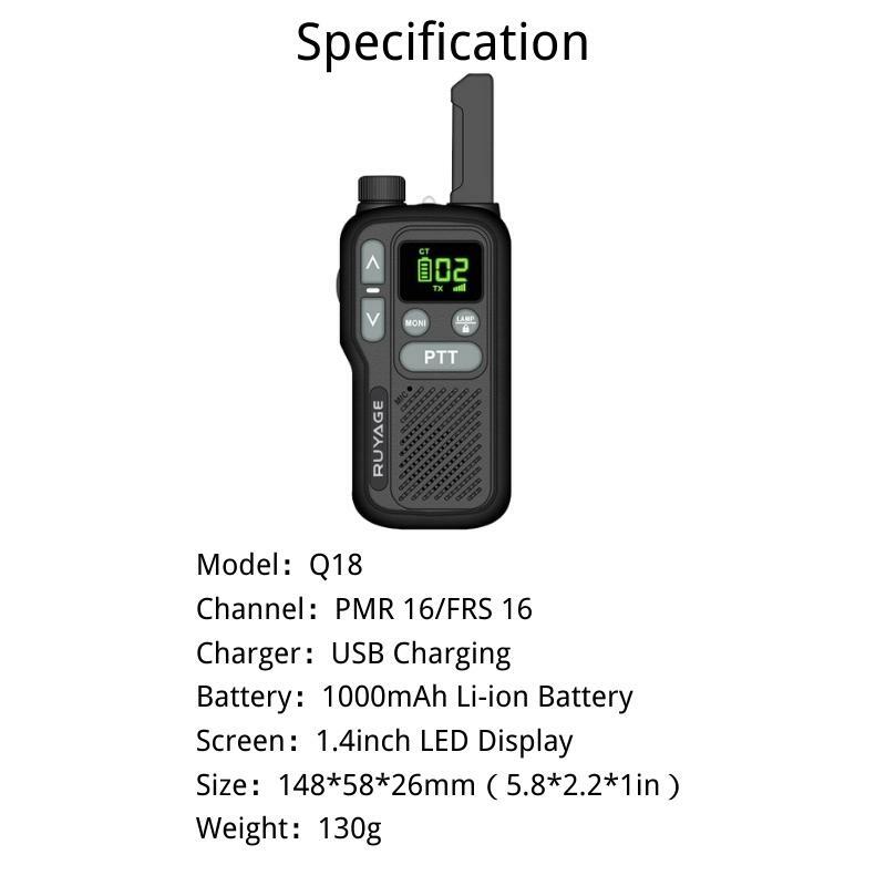 Ruyage-Mini Walkie Talkie recarregável, rádio bidirecional portátil para caça, longo alcance, PTT, PMR446, Q18, 1 ou 2 pcs