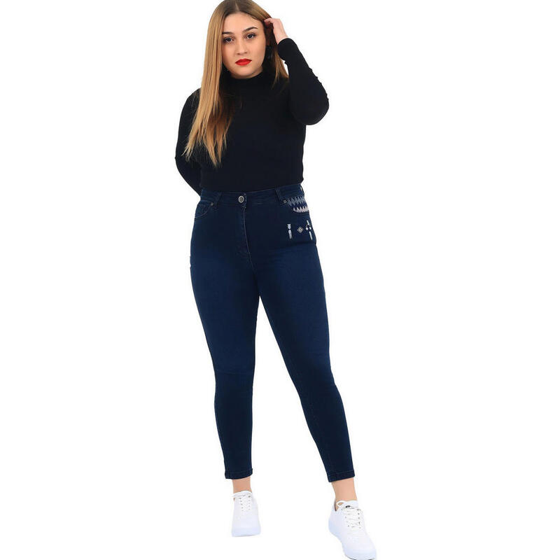 Fierte feminino tamanho grande calças nvr4060 jean cintura normal estreito trotting fecho de correr botão bordado detalhe bolso esportes azul marinho