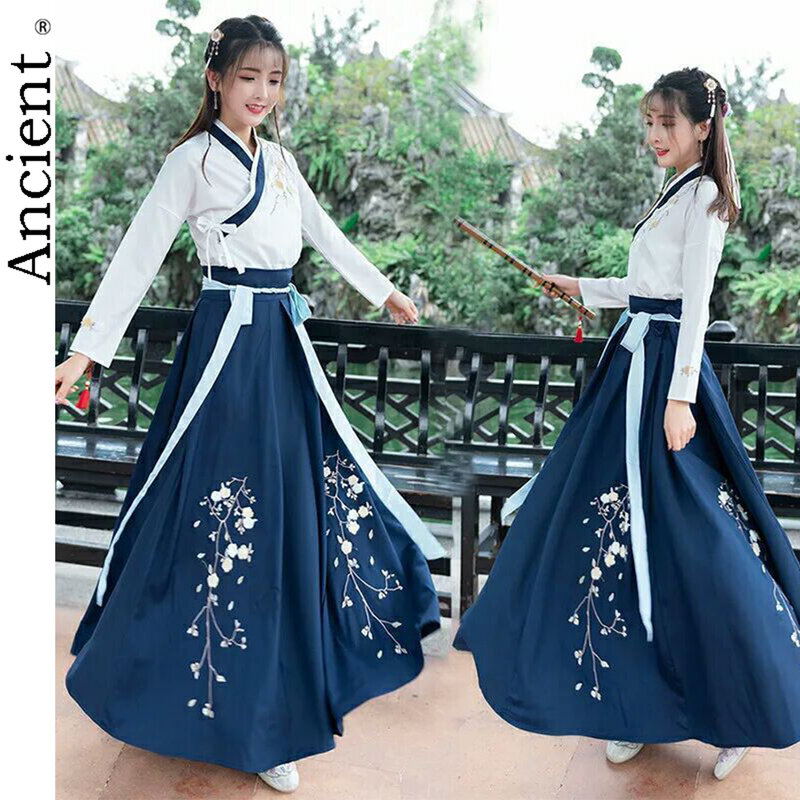 Disfraz Hanfu para mujer, traje de Estudiante Adulto, Ming, estilo chino, largo de cintura mejorado, Sarong, Collar diario, moda de polvo, nuevo