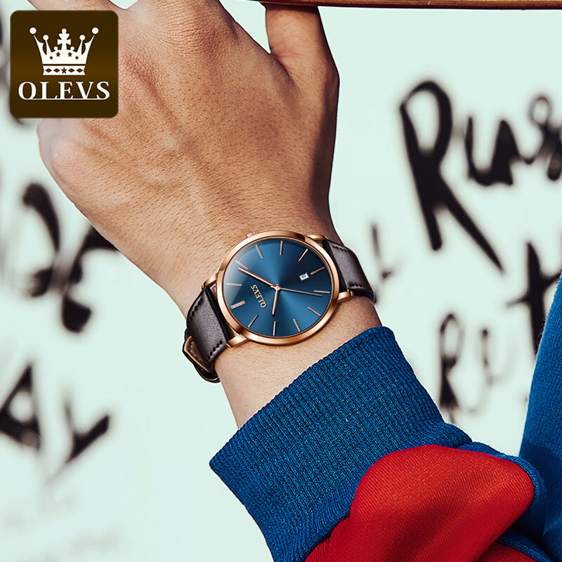 Olevs corium strap excelente qualidade relógio de pulso masculino moda à prova dwaterproof água relógios de quartzo para homem calendário