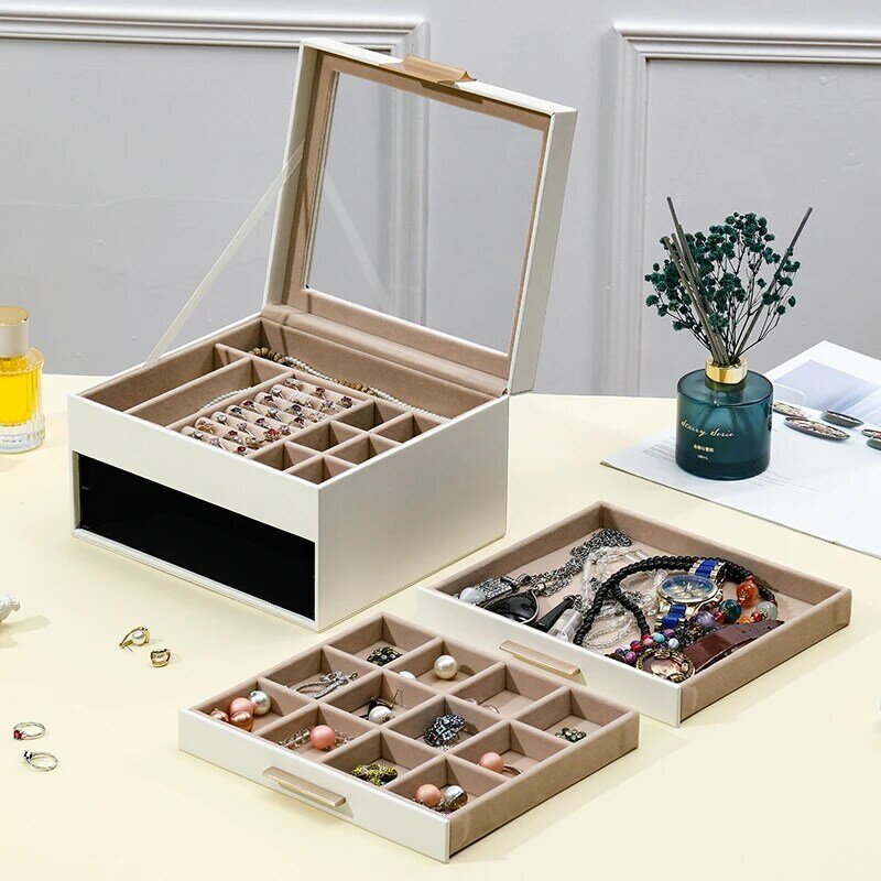 ZLALHAJA-Caja organizadora de joyas de 3 capas, estuche de almacenamiento de vidrio transparente, de cuero, de gran capacidad, para collar y pendientes