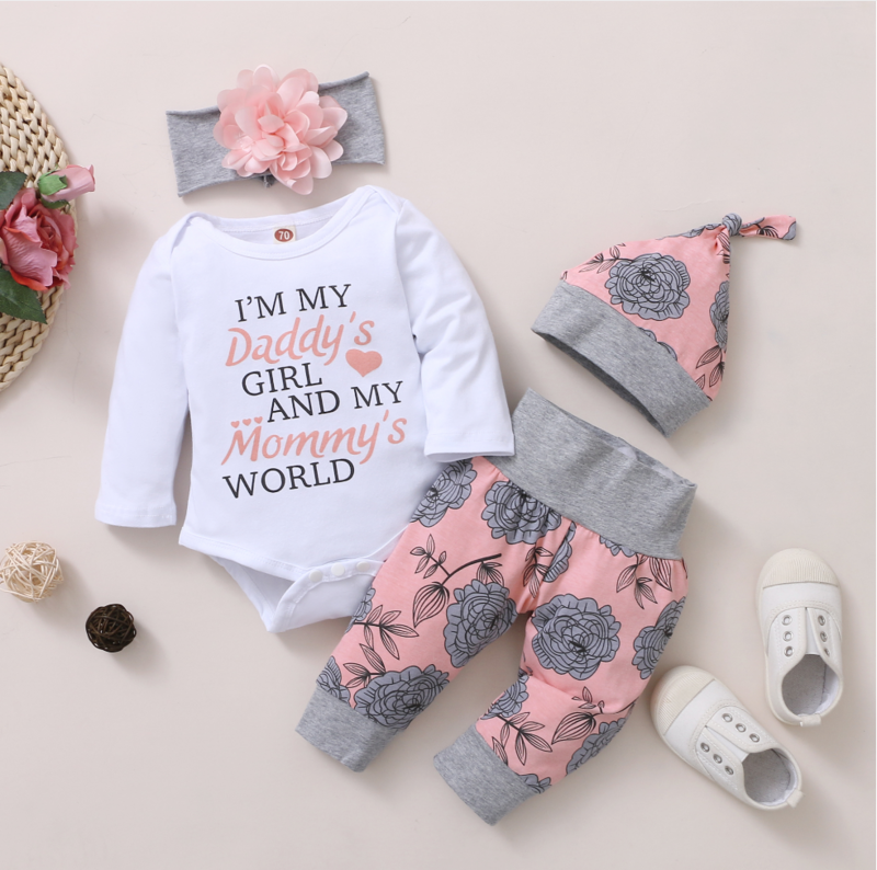 Hibobi 3/4Pcs Baby Girl Romper Ruffle Long Sleeve Top & Floral Printed Pants with Headband for Newborn Baby Girl Clothes Set