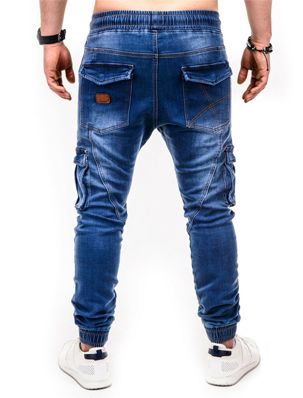 Klasyka niebieskie dżinsy męskie jeansowe spodnie bawełniane przyczynowe Vintage Cargo spodnie sznurkiem elastyczne grafitowe dżinsy męska z zamkiem błyskawicznym Ornament