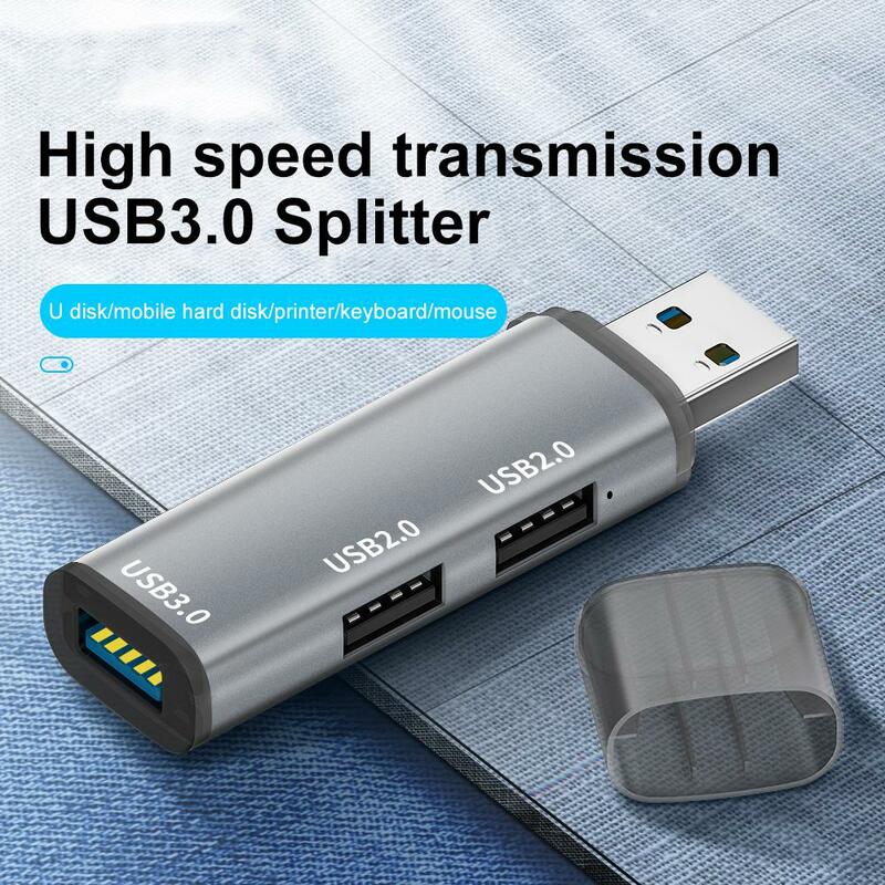 Portátil Mini USB Splitter Adapter, alta velocidade, 3 Port, Multi 2.0, 5Gbps, liga de alumínio, Laptop, Notebook, 3 em 1