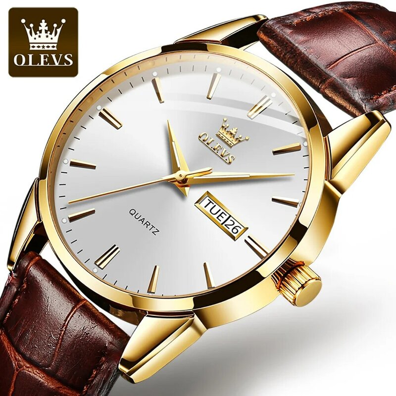 OLEVS Waterproof Dual Calendar Great Quality Men Wristwatch Business Quartz Corium Strap Watch for Men Calendar Week Display