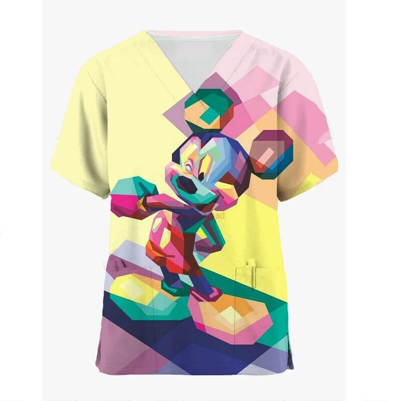 Tops con bolsillos para mujer, camisa de manga corta con cuello en V, estampado de Disney, Mickey y Minnie, uniforme de enfermera