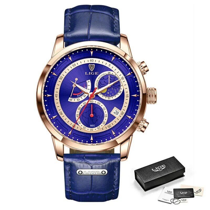 LIGE – montre-bracelet en cuir pour hommes, marque de luxe, Sport militaire, chronographe, Quartz, étanche, nouvelle collection