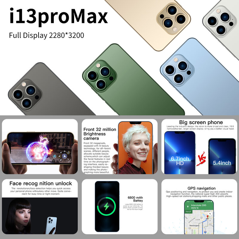 Ponsel I13 Pro Max Ponsel Pintar 6.7 Inci Layar Penuh 16GB + 1TB 5G Ponsel Celular 10 Core Ponsel Versi Global
