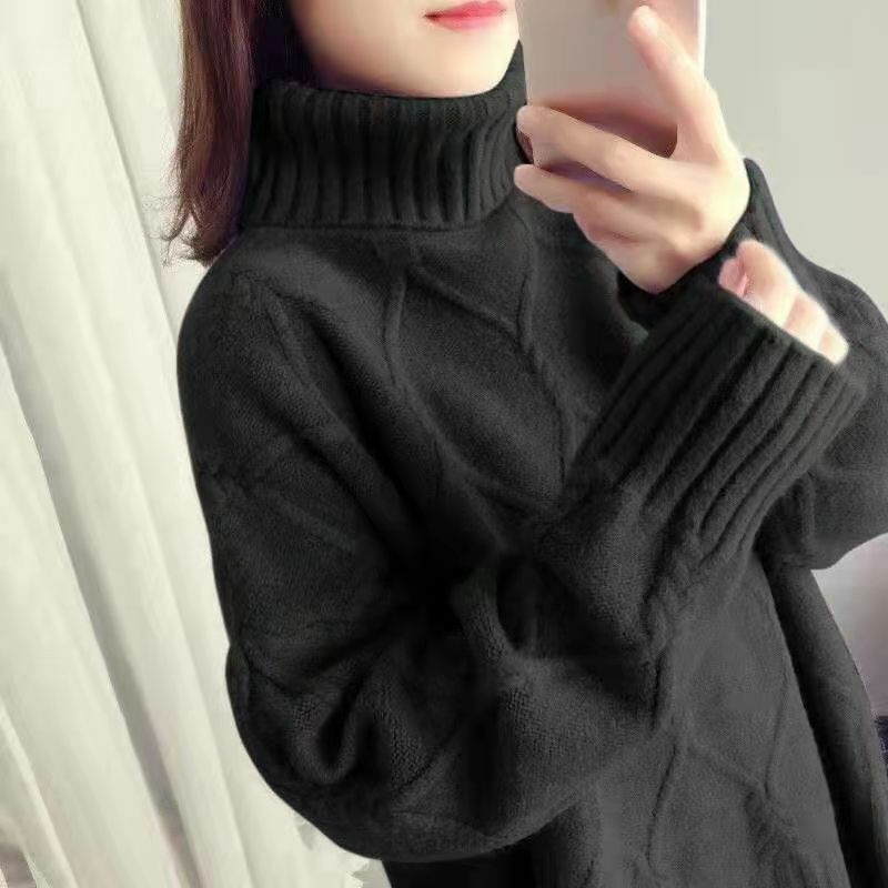 Autumn and Winter New Striped Sweater Women Loose All-match Pullover Turtleneck Solid Color Long-sleeved Knitted Top Women