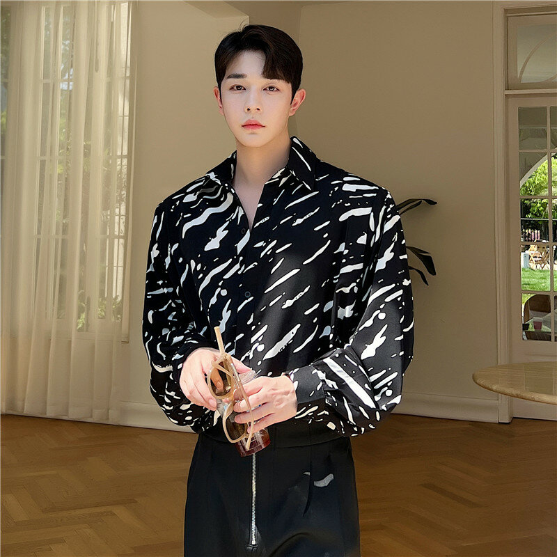 Рубашка мужская шифоновая оверсайз с длинным рукавом и винтажным принтом