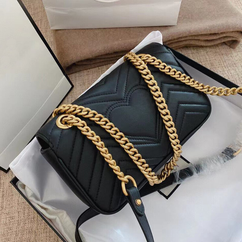 Clássico gg designer bolsa de ombro feminina bolsas luxo 2021 qualidade couro amor corrente quadrado mensageiro crossbody saco com caixa