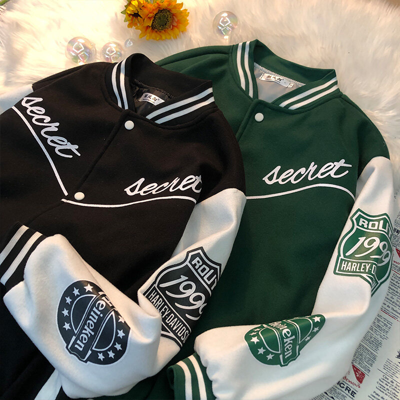 Streetwear Hip-Hop Harajuku mundurki do baseballu amerykańska ulica jesienno-zimowa kurtka bejsbolowa bomberka retro zielony pary kurtka