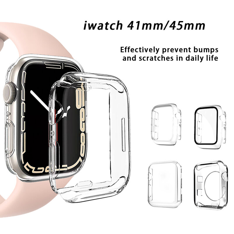 Прозрачный чехол + стекло для Apple Watch серии Se 65432 38 мм 42 мм 40 мм 44 мм, прозрачная защитная крышка на весь экран для смарт-часов IWatch, бампер