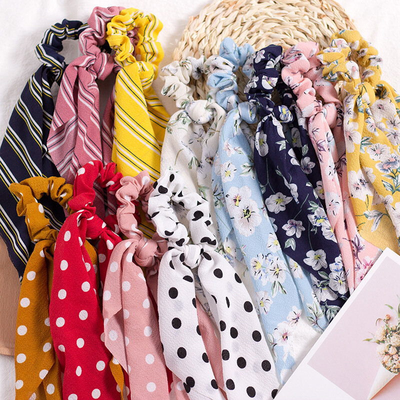 Fashion Printing Hair Bands Long Scarf Ribbons Scrunchie For Women Elegant Bow Tie Girl Elastic Ponytail Holder Hair Accessories