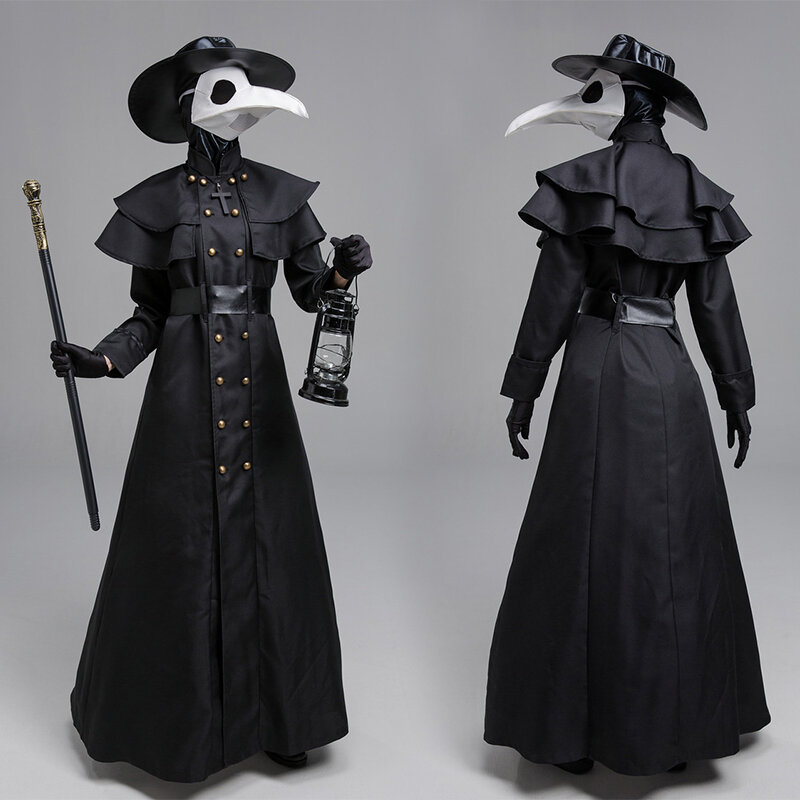 Traje de halloween manto preto com capuz praga médico cosplay traje medieval punk terno com bico máscara festa mascarada