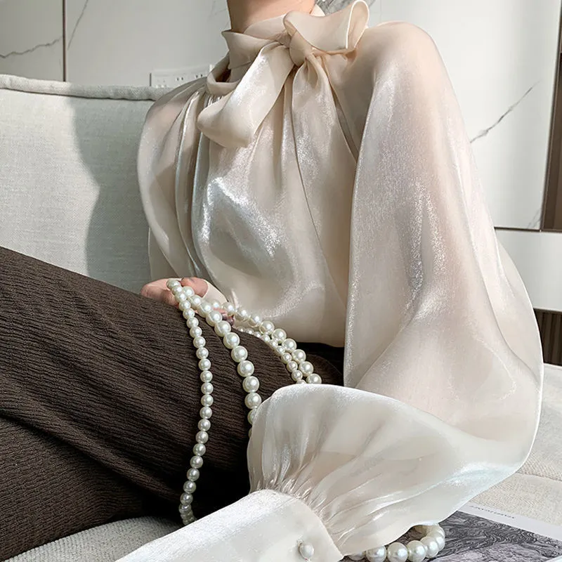 Blusa holgada de gasa para Mujer, camisa de manga larga con lazo, elegante, de Organza, para primavera y verano, 152i, 2022