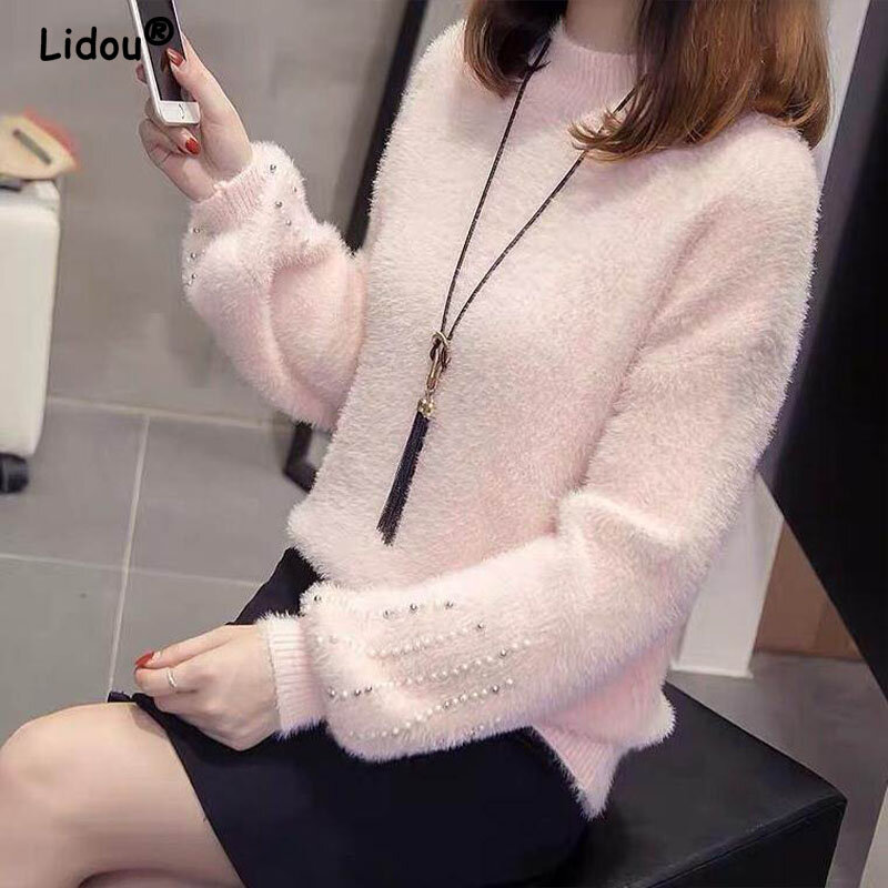 Suéter de punto de felpa con cuello redondo para mujer, Jersey elegante de moda coreana, blusas bordadas, novedad de 2022