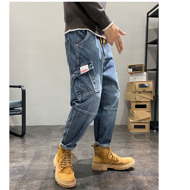 Streetwear homem novo padrão azul mop calças moda hip hop vários bolsos ampla perna macacão temperamento versátil jeans outono