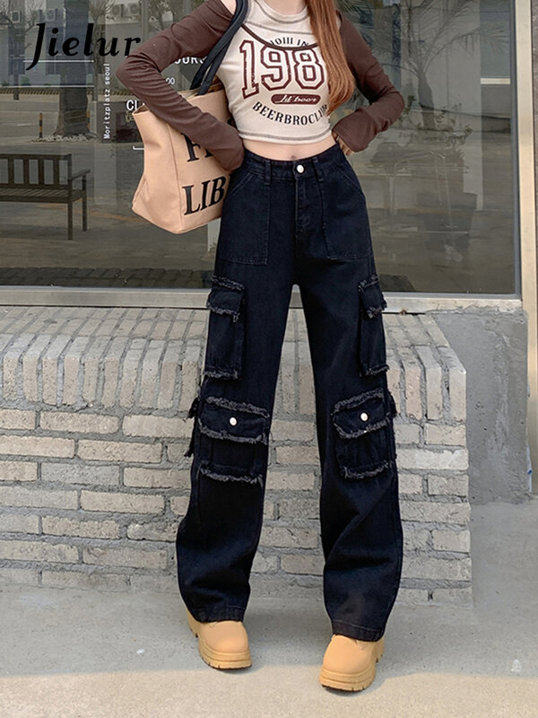 Jielur preto de cintura alta reta cargo jeans mulher nova moda solta legal streetwear bolsos perna larga calças femininas S-XL